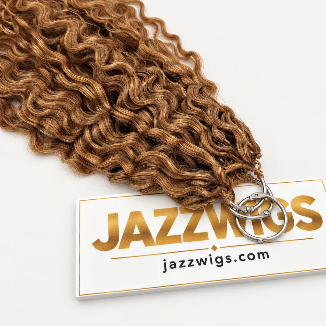 JAZZWIGS #27 Honey Blonde Burmese Curly Feather Crochet Human Hair, close-up of the attachment area and curls