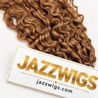 JAZZWIGS #27 Honey Blonde Burmese Curly Feather Crochet Human Hair, close-up of the curl pattern