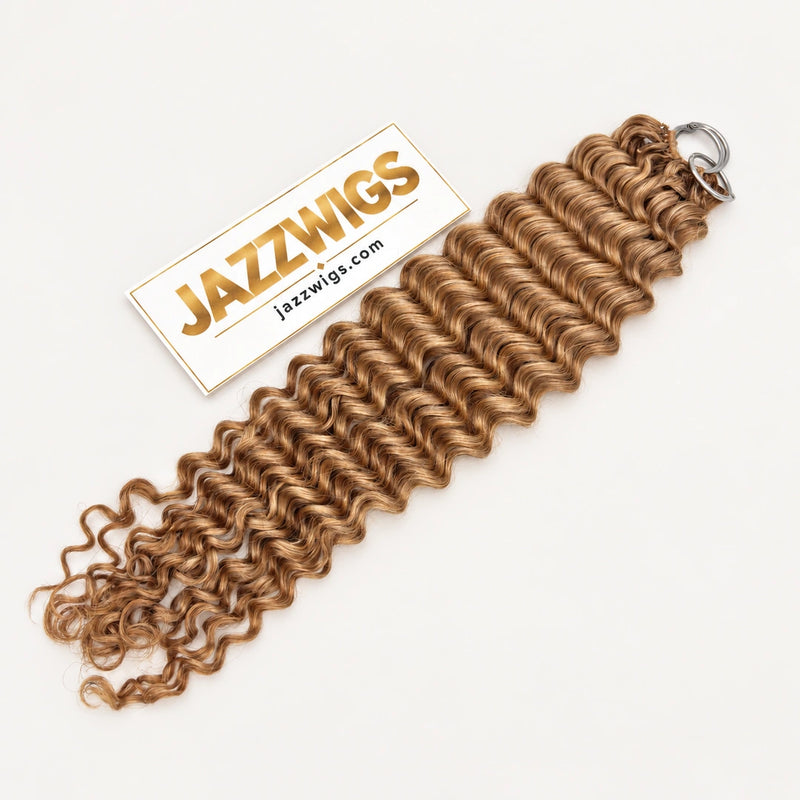 JAZZWIGS #27 Honey Blonde Deep Wave Feather Crochet Hair, full product view on a clean light background