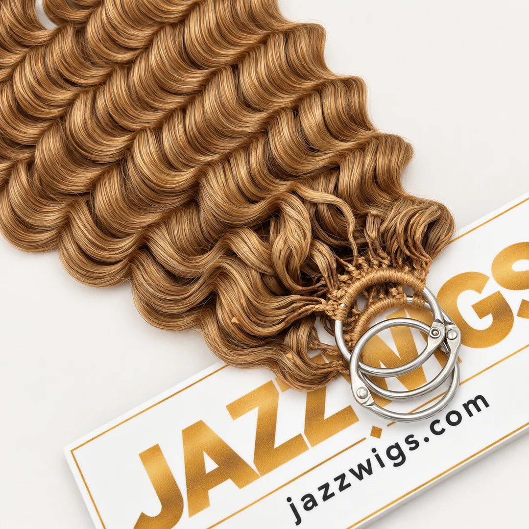 JAZZWIGS #27 Honey Blonde Deep Wave Feather Crochet Hair, attachment and root detail