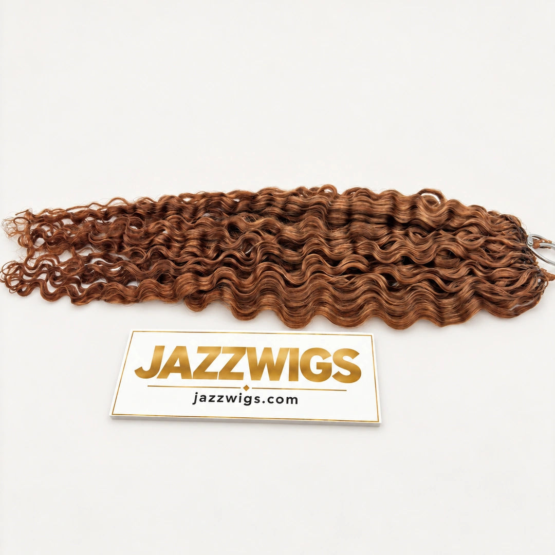 JAZZWIGS #30 Auburn Brown Burmese Curly Feather Crochet Human Hair, horizontal full-length product view