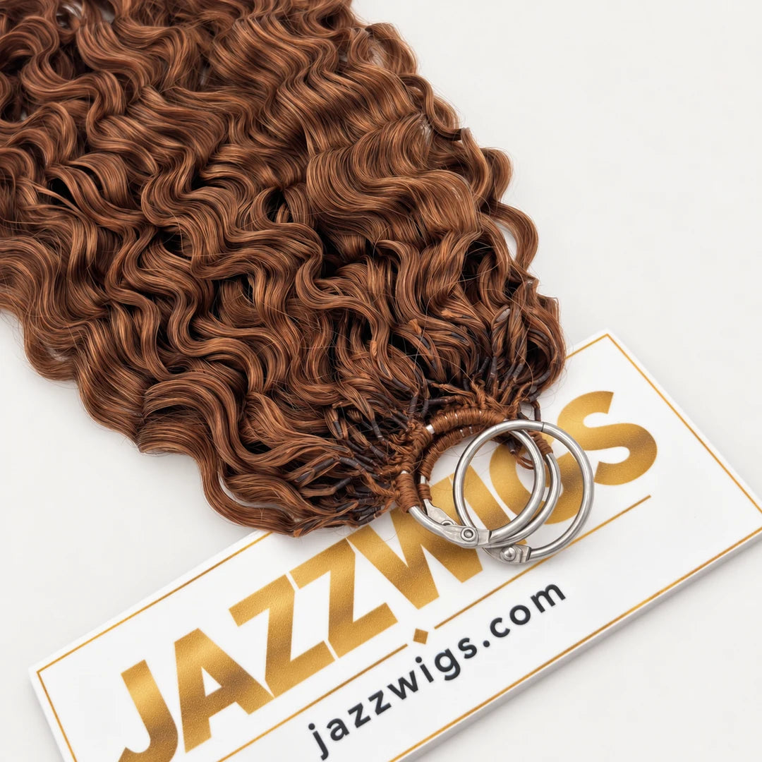 JAZZWIGS #30 Auburn Brown Burmese Curly Feather Crochet Human Hair, close-up of the attachment area and curls