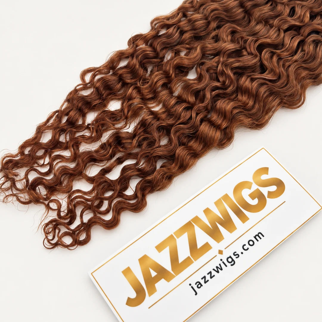 JAZZWIGS #30 Auburn Brown Burmese Curly Feather Crochet Human Hair, close-up of the curly texture and ends