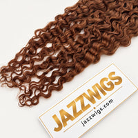 JAZZWIGS #30 Auburn Brown Burmese Curly Feather Crochet Human Hair, close-up of the curly texture and ends