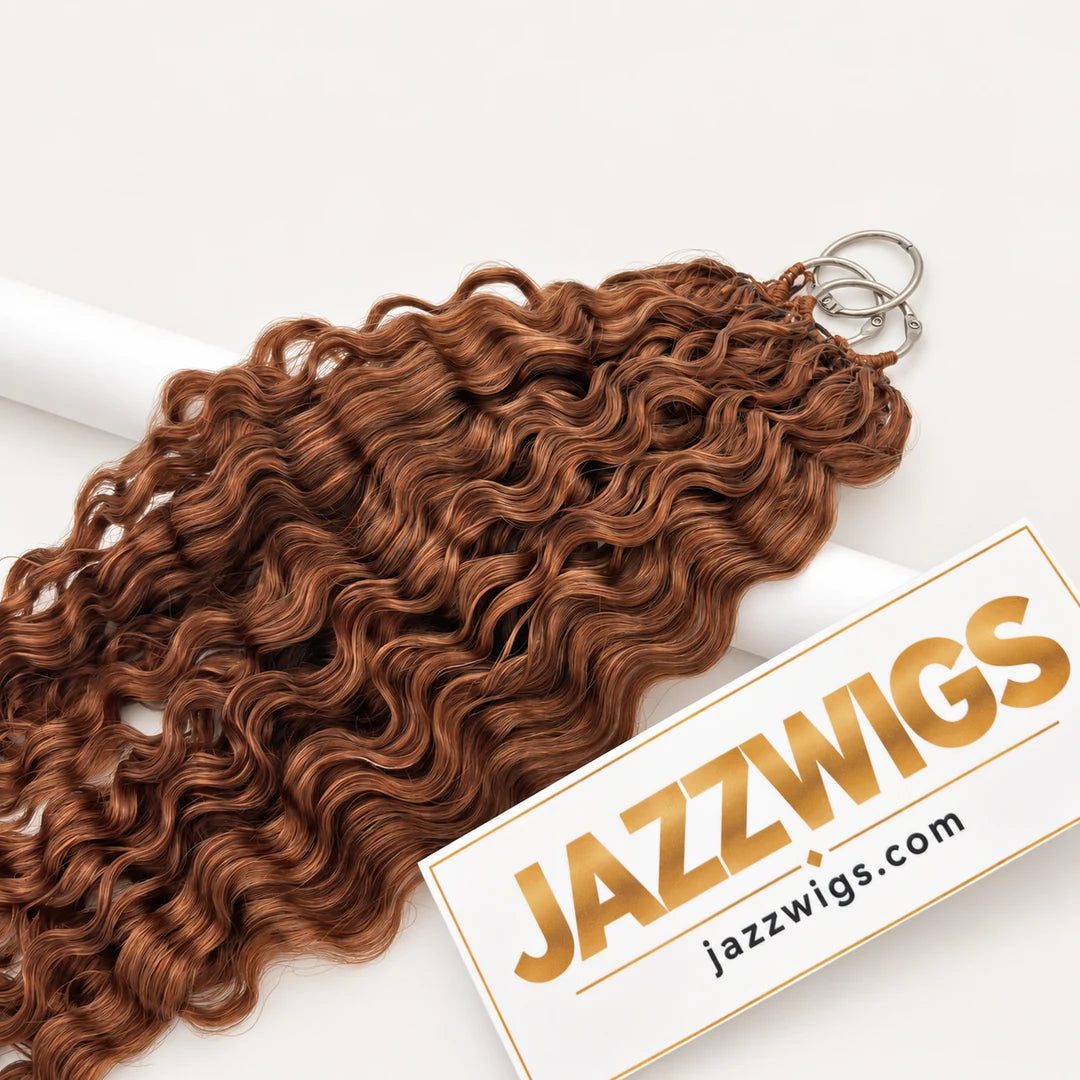 JAZZWIGS #30 Auburn Brown Burmese Curly Feather Crochet Human Hair, close-up of the curl pattern and warm brown shade