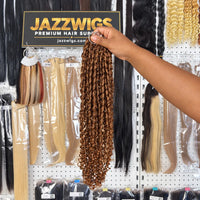 JAZZWIGS #30 Auburn Brown Pixie Curly Feather Crochet Human Hair, handheld full-length showroom view