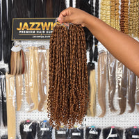 JAZZWIGS #30 Auburn Brown Pixie Curly Feather Crochet Human Hair, showroom view of the curled strands