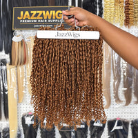 JAZZWIGS #30 Auburn Brown Pixie Curly Feather Crochet Human Hair, hair displayed on a hanger in the showroom