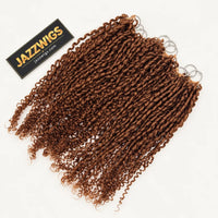 JAZZWIGS #30 Auburn Brown Pixie Curly Feather Crochet Human Hair, full product arrangement on a light background