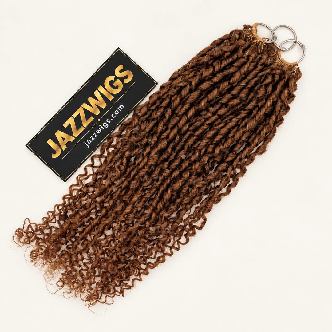 JAZZWIGS #30 Auburn Brown Pixie Curly Feather Crochet Human Hair, side arrangement showing the curl shape