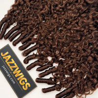 JAZZWIGS #4 Brown Burmese Water Curly Feather Crochet Human Hair — Close-up of the curled ends.