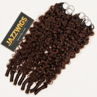 JAZZWIGS #4 Brown Burmese Water Curly Feather Crochet Human Hair — Full-length hair display.