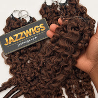 JAZZWIGS #4 Brown Burmese Water Curly Feather Crochet Human Hair — Handheld view of the curls.