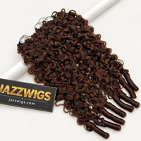 JAZZWIGS #4 Brown Burmese Water Curly Feather Crochet Human Hair — Hair displayed over a white support.