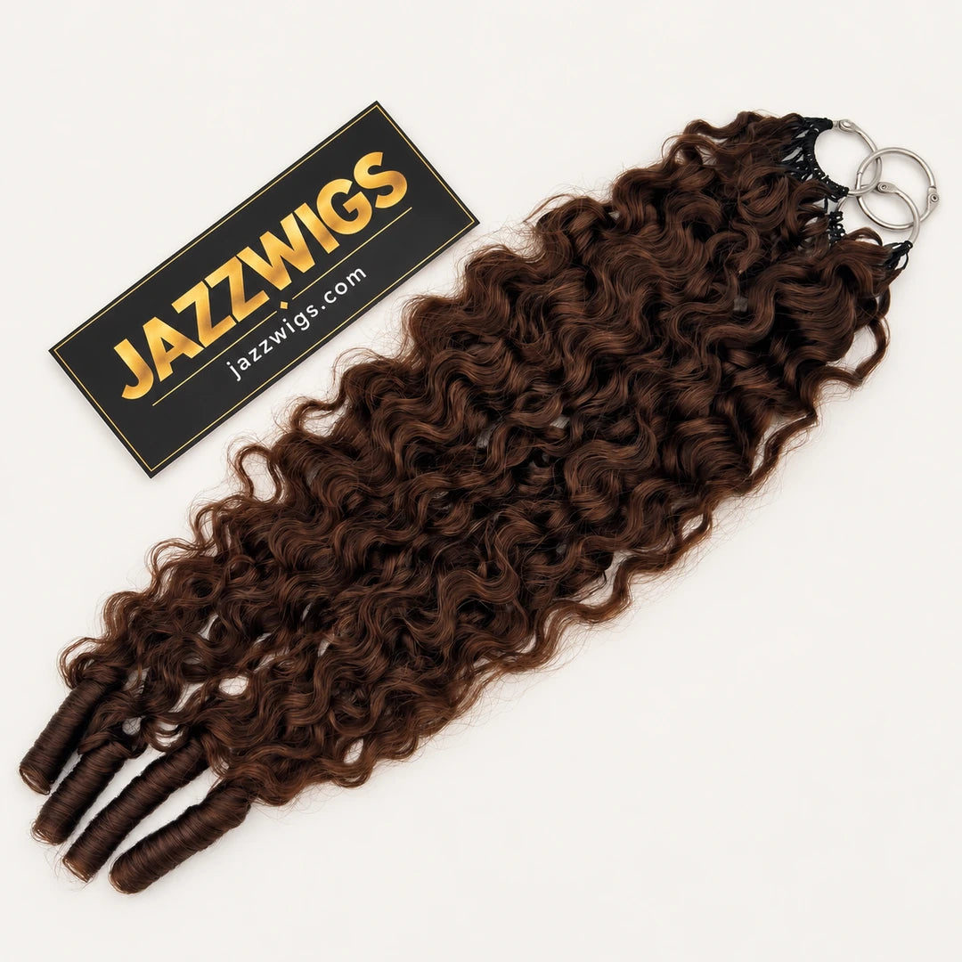 JAZZWIGS #4 Brown Burmese Water Curly Feather Crochet Human Hair — Full-length view of the crochet hair.