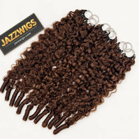 JAZZWIGS #4 Brown Burmese Water Curly Feather Crochet Human Hair — Angled view of the hair texture.