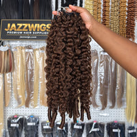 JAZZWIGS #4 Brown Burmese Water Curly Feather Crochet human hair, close view of curls in the showroom.