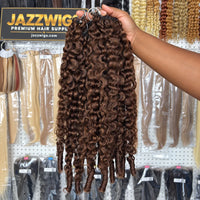 JAZZWIGS #4 Brown Burmese Water Curly Feather Crochet human hair, handheld full-length showroom view.