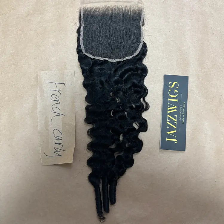 5x5 HD lace closure with raw French curly Black hair bundles for seamless installs.