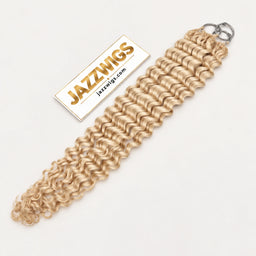 JAZZWIGS #613 Blonde Deep Wave Feather Crochet Human Hair, full-length view on a clean light background