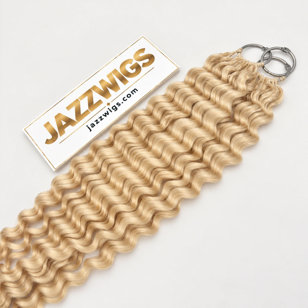 JAZZWIGS #613 Blonde Deep Wave Feather Crochet Human Hair, close-up of the deep wave pattern