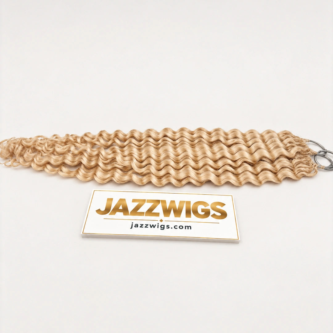 JAZZWIGS #613 Blonde Deep Wave Feather Crochet Human Hair, side view showing the full hair length