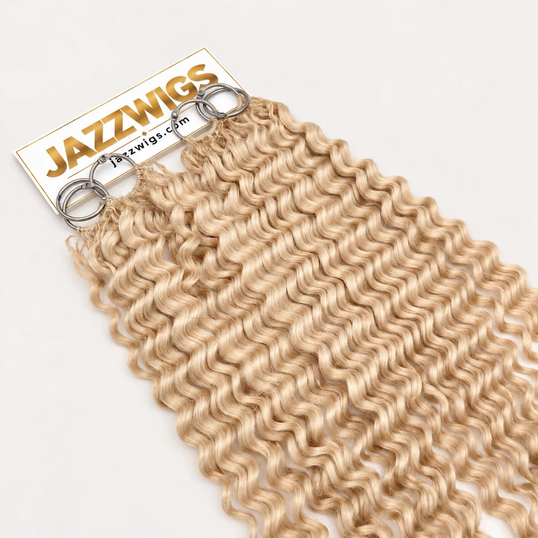 JAZZWIGS #613 Blonde Deep Wave Feather Crochet Human Hair, close-up of the blonde hair texture