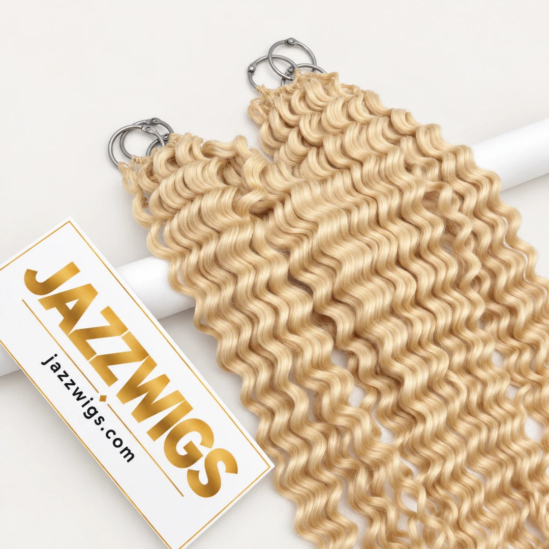 JAZZWIGS #613 Blonde Deep Wave Feather Crochet Human Hair, detail view of the wave pattern and attachments