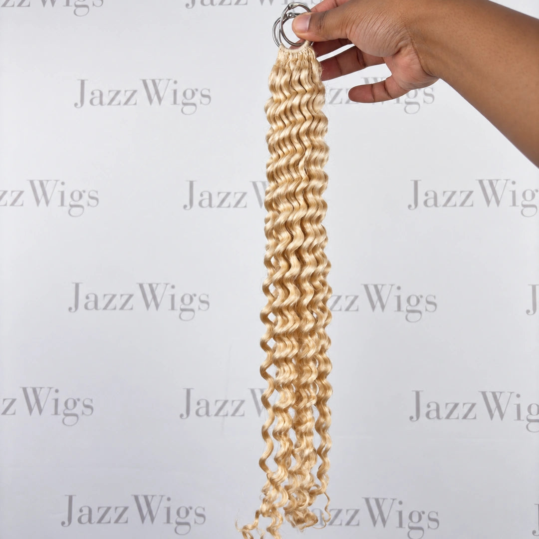 JAZZWIGS #613 Blonde Deep Wave Feather Crochet Human Hair, handheld full-length product view