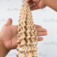 JAZZWIGS #613 Blonde Deep Wave Feather Crochet Human Hair, handheld detail showing the wave pattern