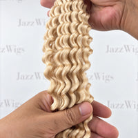 JAZZWIGS #613 Blonde Deep Wave Feather Crochet Human Hair, close-up showing the blonde shade and curled ends
