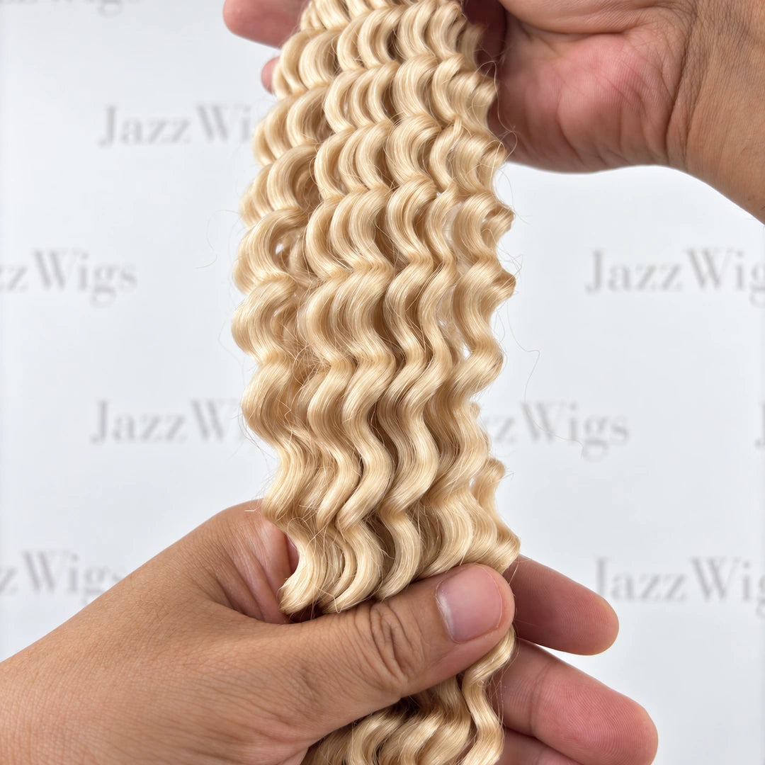 JAZZWIGS #613 Blonde Deep Wave Feather Crochet Human Hair, close-up showing the blonde shade and curled ends
