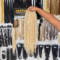JAZZWIGS #613 Blonde Burmese Curly Feather Crochet Human Hair, handheld full-length showroom view
