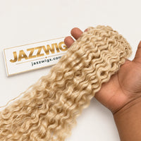 JAZZWIGS #613 Blonde Burmese Curly Feather Crochet Human Hair, handheld curl and strand detail