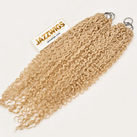 JAZZWIGS #613 Blonde Burmese Curly Feather Crochet Human Hair, two hair groups displayed side by side