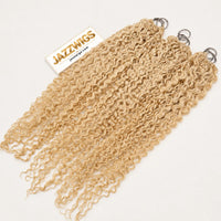 JAZZWIGS #613 Blonde Burmese Curly Feather Crochet Human Hair, three hair groups displayed side by side