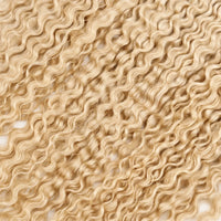 JAZZWIGS #613 Blonde Burmese Curly Feather Crochet Human Hair, close-up of the curl pattern and blonde color