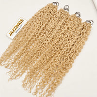 JAZZWIGS #613 Blonde Burmese Curly Feather Crochet Human Hair, four hair groups displayed side by side