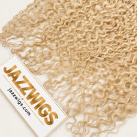 JAZZWIGS #613 Blonde Burmese Curly Feather Crochet Human Hair, close-up of the curly ends