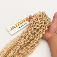 JAZZWIGS #613 Blonde Burmese Water Curly Feather Crochet Human Hair, handheld texture detail