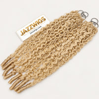 JAZZWIGS #613 Blonde Burmese Water Curly Feather Crochet Human Hair, two hair groups displayed side by side