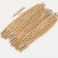 JAZZWIGS #613 Blonde Burmese Water Curly Feather Crochet Human Hair, multiple hair groups arranged on a light background