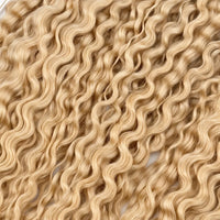 JAZZWIGS #613 Blonde Burmese Water Curly Feather Crochet Human Hair, close-up of the curl pattern and blonde color