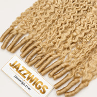 JAZZWIGS #613 Blonde Burmese Water Curly Feather Crochet Human Hair, close-up of the curled ends