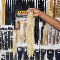 JAZZWIGS #613 Blonde Pixie Curly Feather Crochet Human Hair, handheld full-length showroom view
