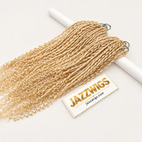 JAZZWIGS #613 Blonde Pixie Curly Feather Crochet Human Hair, angled product view over a white support