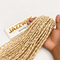 JAZZWIGS #613 Blonde Pixie Curly Feather Crochet Human Hair, handheld curl and strand detail