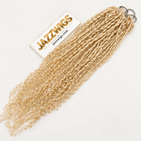 JAZZWIGS #613 Blonde Pixie Curly Feather Crochet Human Hair, one pack shown in a full-length view on a clean light background