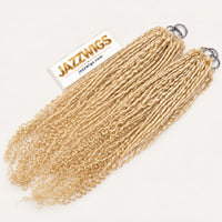 JAZZWIGS #613 Blonde Pixie Curly Feather Crochet Human Hair, two hair groups displayed side by side