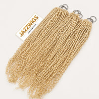JAZZWIGS #613 Blonde Pixie Curly Feather Crochet Human Hair, three hair groups displayed side by side